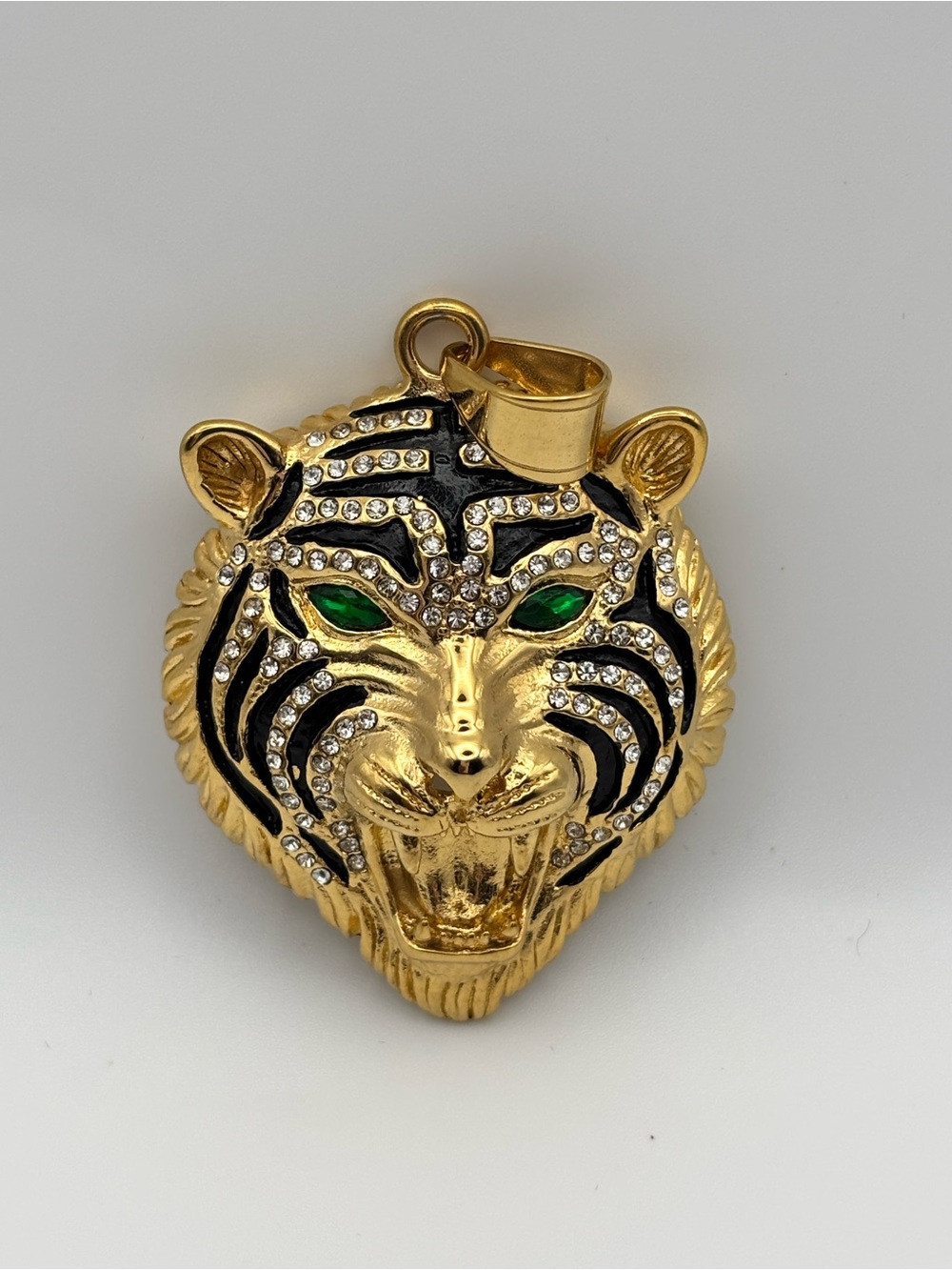 Stainless steel Tiger Head Pendant with Green Eyes
